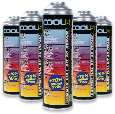 Cool5 Summer Full KIT AC 5 en 1 Repair - Gaz de rechange gaz, huile de climatisation, mastic pour pièces en aluminium et caoutchouc, déshydratant - Pour véhicules de 1995 à 2016, grand paquet de 290 g