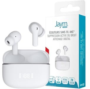 JAYM - Ecouteurs True Wireless Annulation du Bruit ANC+enc - Affichage Digital - Bluetooth 5.4 Blancs - G54