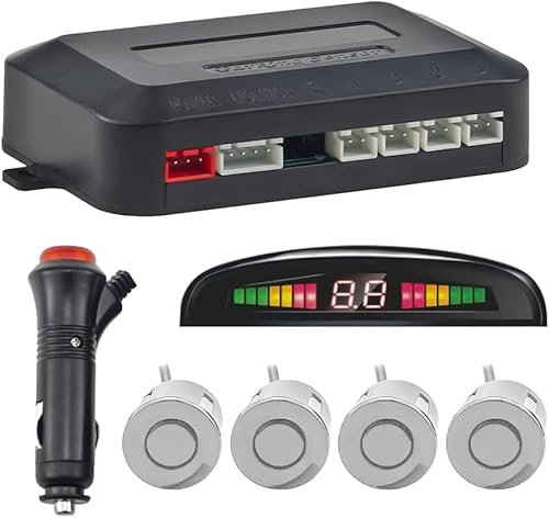 Kabellose Einparkhilfe, Rückfahrhilfe mit 4 PDC Parksensoren hinten, Summe Abstandswarn Bausatz mit Drahtlosem LED Display für Auto, SUV, Van, Wohnmobile und Pickup(4 Sensoren, Silber)
