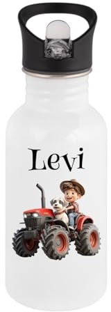Personalisierte Trinkflasche Kinder Edelstahl [ 400ml ] - Robuste Trinkflasche mit Namen und Feuerwehr, Polizei oder Traktor - Wasserflasche mit Trinkhalm (Traktor)