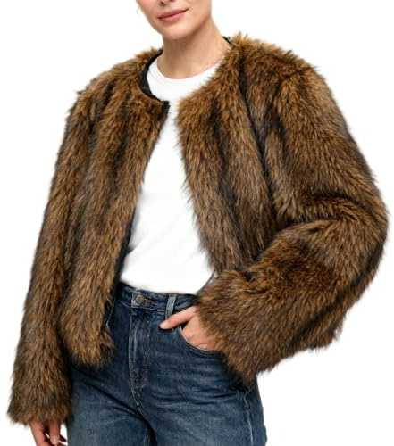 Amazhiyu Abrigo de piel sintética para mujer con bolsillos, chaqueta de invierno de manga larga con cuello redondo, frente abierto, cárdigan cálido de felpa, café, L