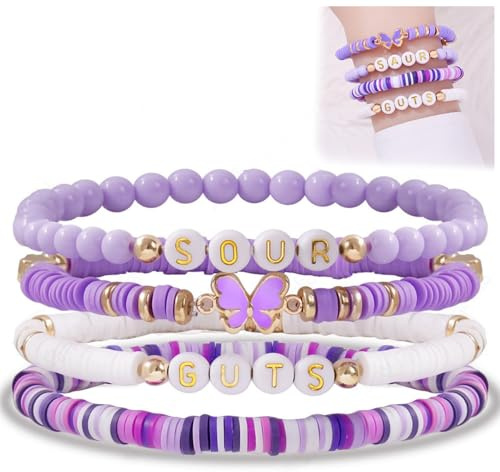 Nhemeylp 4 Pcs Olivia Bracelets Set for Women Friendship Bracelet Guts & Sour Album Inspired Beaded Bracelet Purple Series Soft Clay Jewellery Concert Music Inspiration Fan Gift for Girls Women
