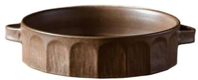 CFY652 Baking Dish Double Ear Cut Surface Round Plate Vintage Rough Pottery Baking Dish Dry Pot Plate Restaurant Household Soup Plate Dumpling Plate Oven Dish(Bruin)