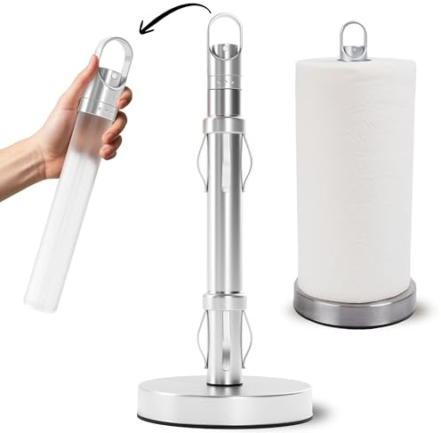 Stainless Steel Paper Towel Holder with Spray Pump – One-Handed Tear, Smart Traction System, 5 oz Sprayer Bottle, Heavy Duty Suction Cups, Weighted Base, Kitchen Towel Dispenser for Countertop Use