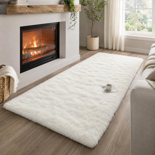 OuTanTe Hochflor Teppich Läufer 80x150cm, Creme Shaggy Flauschig Teppich Wohnzimmer rutschfest für Flur Schlafzimmer Kinderzimmer, Modern Wohnzimmerteppich Bettvorleger High-Pile Carpet