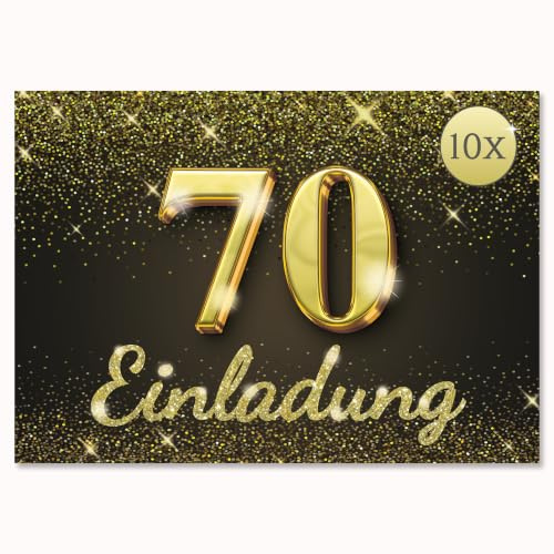 Edition Colibri Einladungskarten 70. Geburtstag A6, 10 Stück gold glitzer zum Beschriften, edle besondere Partyeinladungen für Geburtstagsfeier, Geburtstagskarten Set für Frauen und Männer