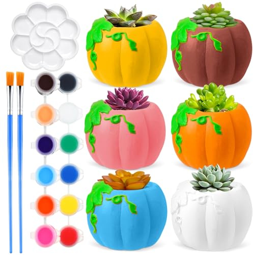 Pasimy 6 Set DIY Ceramic Succulent Planter Pots Paint Your Own Flower Pots Craft Kit Unpainted Bisque Paintable Flowerpot with Brush Palette Ready to Paint for Family Activity Gift(Pumpkin)