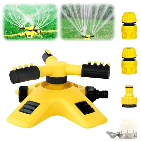 Arroseur Jardin, Automatique 360 Rotatif Arroseur Pelouse, 3 Bras Arrosage Potager ABS Système d'Irrigation pour Pelouse Jardin Plantes Champ de Légumes Enfants Jouant (avec connecteur à 4 pôles)