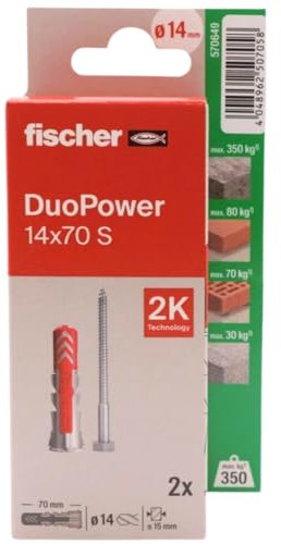 fischer - Duopower 14x70 con vite - 2U, tasselli da parete multimateriale, servono per appendere biciclette, quadri, armadi, supporti TV, scaffali, mobili.