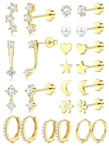 ADRAMATA 12 Paar Ohrringe Goldene Damen Chirurgenstahl Ohrringe für Herren Medizinische Ohrstecker Creolen für Mehrfachpiercing Helix Tragus Piercing Ohr (Gold/Silber)