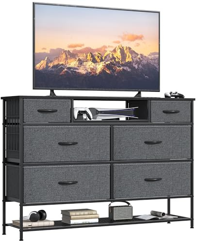 cointwo Chest of Drawers Bedroom with Shoes Shelf, 47.2”Wide Fabric Dresser with 6 Drawers, TV Stand with Open Storage Shelf, Multi-function Storage Cabinet for Bedroom, Living room, Hallway Use, Grey