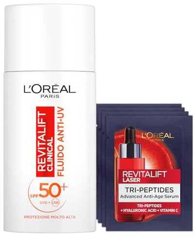 L'Oréal Paris Revitalift Clinical Gesichtsflüssigkeit Anti-UV LSF 50+ Täglicher Anti-Aging-Schutz sehr hoher Schutz 50 ml + Revitalift Laser-Serum Tri-Peptide Anti-Aging Bundle Routine - 5er-Set