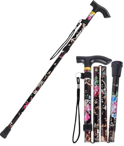 ZHAOYCSH Canne de Marche Pliable Fleur Noir,Canne Pliante Réglable à 5 Niveaux avec Poignée en T et Dragonne,Canne Légère et Portable pour Personnes Âgées,Bâton de Marche Unisexe pour Maison,Voyage