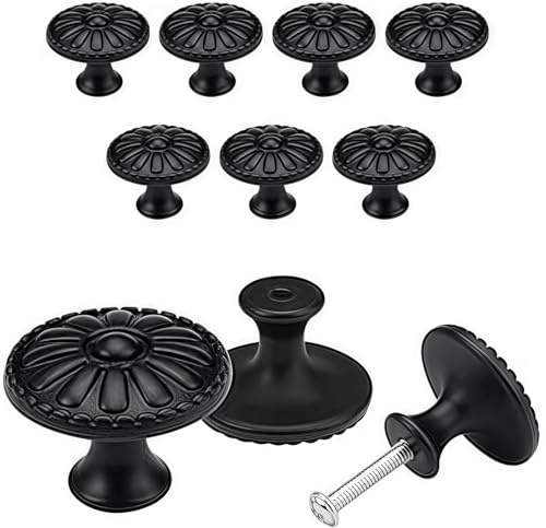 Ezranova Lot de 4 boutons de meubles, motif floral noir, poignées de tiroir rondes, boutons de commode, boutons de meubles, boutons de tiroir vintage noirs, boutons d'armoire pour meubles