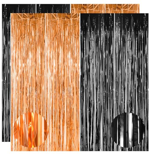 Lot de 4 pièces 0,98 x 2,53 m Rideaux à paillettes noirs et oranges Rideaux en lametta Halloween Rideaux en papier d'aluminium Banderoles de porte Rideaux à franges Toile de fond Décorations de fête