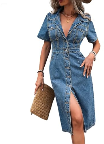 Generico Abito Bodycon in Denim Midi per Donna – Maniche Corte, Bottoni, Scollo a V, Abito Camicia Jeans con Spacco