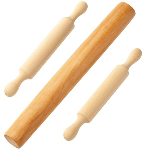 Wooden Rolling Pin, 3PCS Baking Rolling Pin Set with 1 Standard & 2 Mini Rolling Pins for Dough, Fondant and Clay Craft, Natural Wood Kitchen Baking Tools for Beginners and Professionals