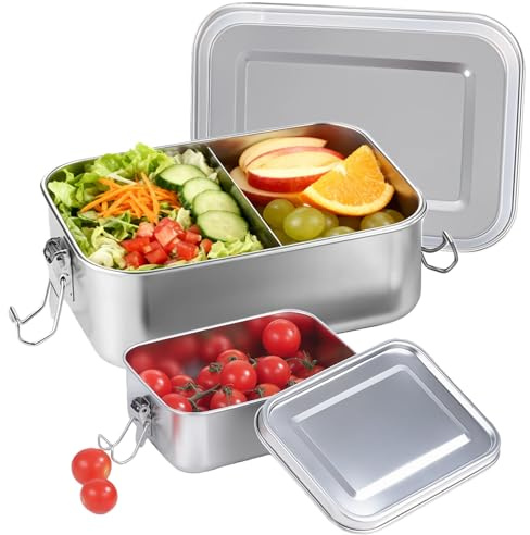 Stainless Steel Lunch Box 2-Piece Set (1400ml+550ml), Bento Box with 1 Removable Compartments, Leak-Proof Sandwich Salad Food Storage Container for Adults & Kids, Lockable Clips & Dishwasher Safe