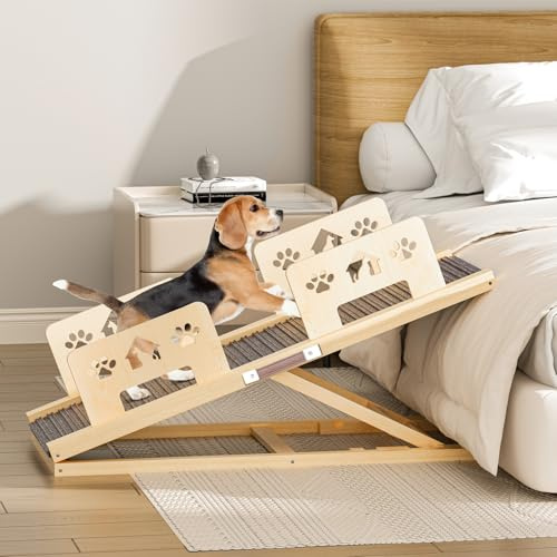 Hunderampe Klappbare, Hundetreppe für Kleine Hunde und Katzen Holz Haustiertreppe Mit Geländer 4 Verstellbare Höhen von 35-58cm Rutschfester Hunde Treppen Für Bett Sofa Auto 100 cm Länge