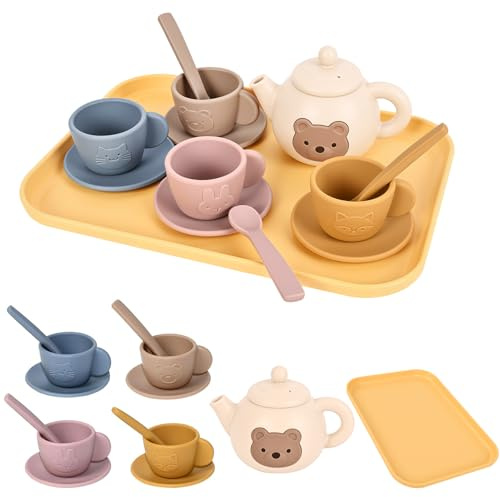 YOFOTHS Kids Silicone Tea Party Set, Pretend Play Tea Set with Teapot, 4 Cups with Saucers, Tray and Scoops, Safe Kitchen Toys for Ages 3-6