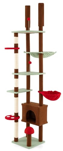 GOPLUS Árbol para Gatos de Techo, Torre para Gatitos con Forma de Seta y Altura Ajustable de 247 a 277 cm, Mueble de Interior con Hamaca, Percha, Casa, Postes Rascadores y 2 Bolas de Resorte