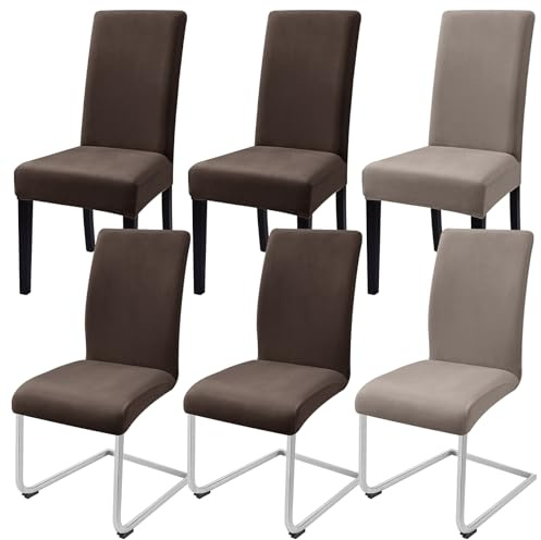 Alishomtll Samt Stuhlhussen 6er Set Stuhlbezug Hussen für Stühle Stuhlhussen Schwingstühle Abnehmbar Esszimmer Stuhlbezüge Freischwinger für Küche Restaurant Hotel Bankett (4 Braun+2 Champagne)