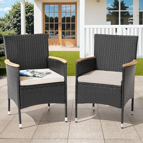 NUU GARDEN Patio Dining Chairs Set of 2, Outdoor Wicker Chairs with Acacia Wood Armrests and Cushions, All Weather Chairs for Patio and Garden, Black and Beige