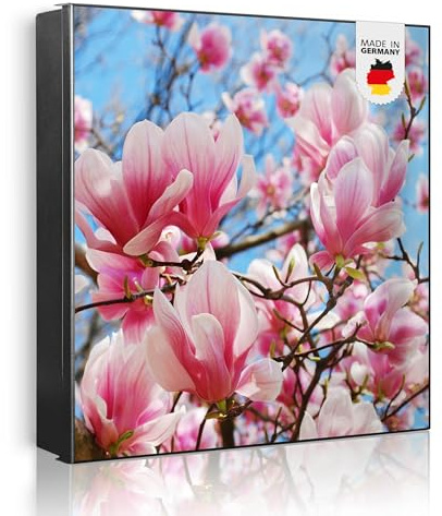banjado Großer Schlüsselkasten Metall - Schlüsselbox 30x30cm beschreibbarer mit 32 Haken - Schlüsselkasten modern für Schlüsselaufbewahrung - Korpus Schwarz Scharnier Rechts - Motiv Magnolienbaum