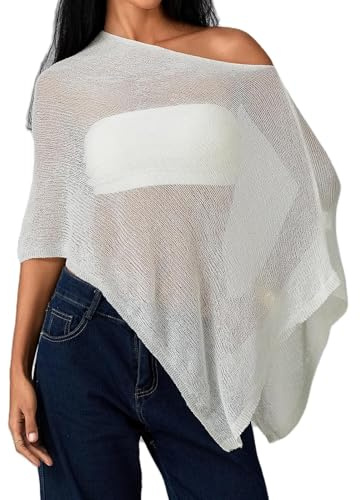 WERNZATT Poncho transparent pour femme en tricot léger et asymétrique - Châle ample transparent - Pour l'été, la plage, les vacances, blanc, taille unique