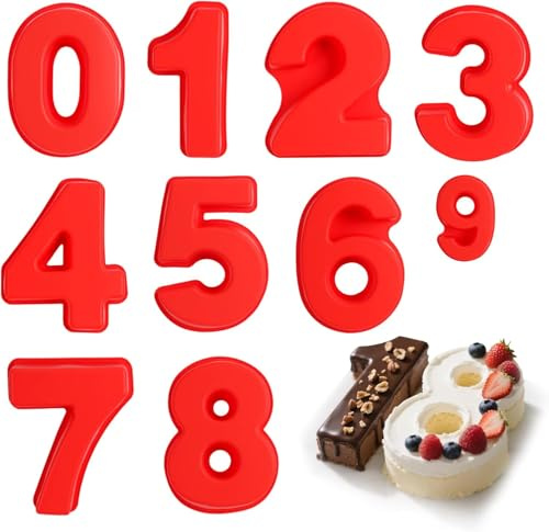 Culinavog 9 Stück Silikon Backform Zahlen Groß 0-8, 4 Zoll 3D Number Cake Backform Set, Antihaftend Kuchenform Zahlen für Geburtstag, Jubiläum & Party, Hitzebeständig Tortenboden Backform(Rot)