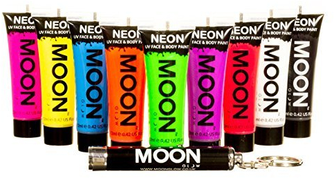 Moon Glow, intensive Neon-UV-Gesichts- und Körperfarbe (Rosa, Orange, Gelb, Grün, Blau, Lila, Rot, Weiß, Schwarz, 12 ml (9er-Pack))