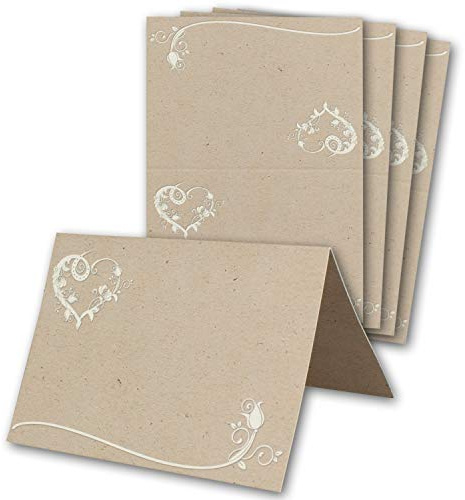 Glüxx-Agent 100 Tischkarten Hochzeit - Kraftpapier-Optik mit Blumen-Ornament Herz - Platzkarten DIN A7 7,4 x 10,5 cm blanko bedruckbar zum Beschriften – Namenskarten, Tischreservierung für Taufe