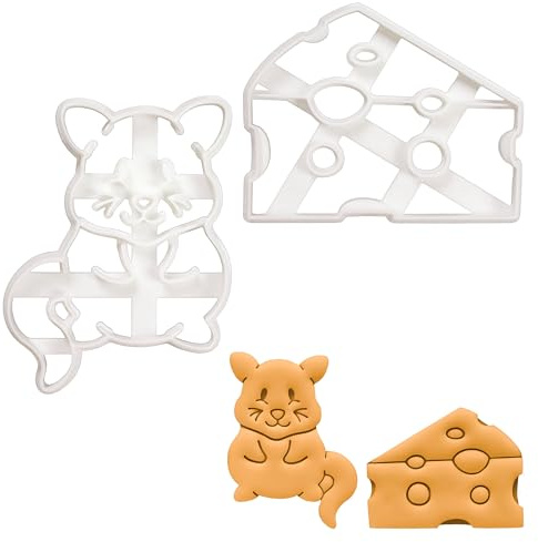 BAKERLOGY Set of 2 Cookie Cutters (Designs: Cheese and Cute Mouse) - Detailed Biscuit Cutter Design for Baking and Crafts, Ideal on Fondant, Dough, Clay
