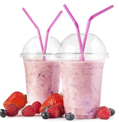 Strong Smoothie Cups With Dome Lids - 100 Pack 10oz (296ml) Milkshake Disposable Plastic Cups for Iced Tea, Coffee, Cold Drinks - Reusable Clear