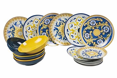 Villa d'Este Home Tivoli 2193719 Sicily Tellerservice 18-teilig aus Porzellan und Steingut, 6 verschiedene Tischplätze