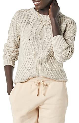 Amazon Essentials Jersey 100% de Algodón Trenzado con Cuello Redondo Mujer, Beige, L