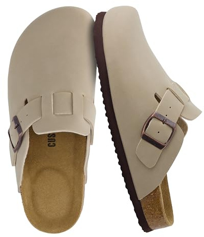 CUSHIONAIRE Hana Womens Clogs | Comfortable Vegan Suede Clogs for Women | Slip On Potato Shoes with Cork Footbed & Arch Support, Stone 7.5