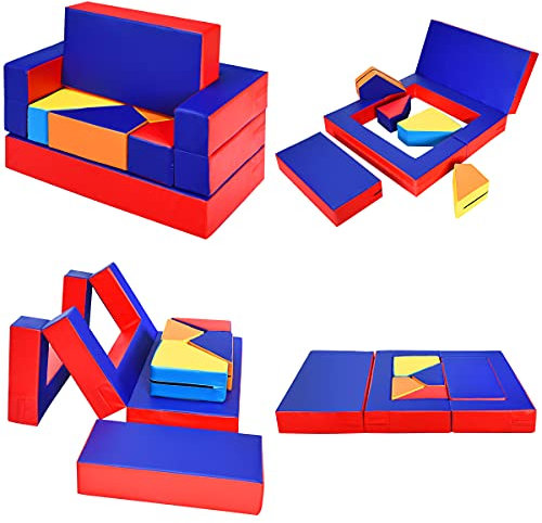 GOPLUS 4 in 1 Matratze, Spieltisch, Puzzle ausklappbares Kindersofa, Spielsofa mit Schlaffunktion, Softsofa mit Schaumstoffbausteine, für Kinderzimmer & Spielzimmer