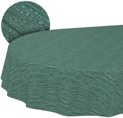 Bordsduk, tvättbar, vaxad bordsduk, oval, 140 x 240 cm med skuren kant i linneoptik, mörkgrön trädgårdsbordsduk, vaxduk