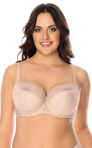 Vivisence Underwired Bra Lace Semi Padded Bra Half-Padded Cups Floral Lace Details Adjustable Straps Side Seam Boning Perfect for Elegant Gift, Beige,38DD