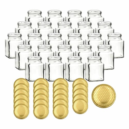 gouveo 24er Set Einmachgläser 314 ml eckig mit Schraub-Deckel Bienenwabe für Honig - Kleine Vorratsgläser mit Schraubverschluss TO63 - Leere Gläser zum Einkochen, Einwecken, Aufbewahren von Honig
