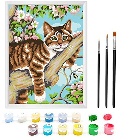 Zimrobin Malen Nach Zahlen ab 7 8 9 Jahre Mädchen und Junge, Malen Nach Zahlen für Kinder mit Rahmen 3 Pinsel und Acrylfarben, 18 X 24cm（Katze im Baum）