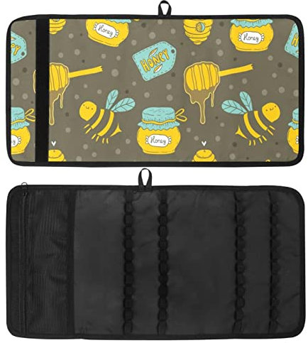 Rouleau de papier de voyage, organiseur de crayons de coloriage pour artiste, trousse à crayons, pot à miel, motif ruche, abeille, pois gris