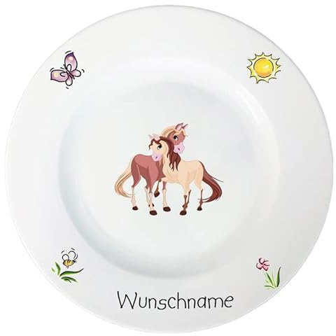 Doriantrade Speiseteller 27cm Kinderteller Teller Porzellan Pferde 2 personalisierbar mit Wunschname Name Kindergeschirr mit Namen personalisiert