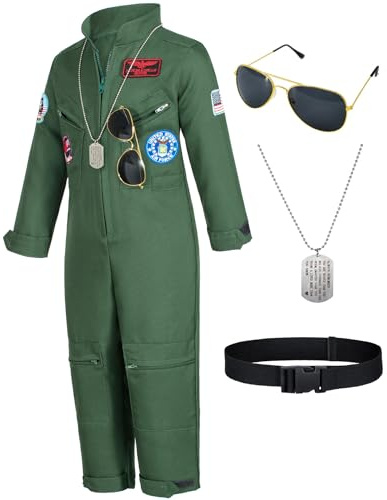 Kids Fighter Pilot Costume - Air Force Flight Suit with Aviator Sunglasses & Tag & Belt for Boys Girls Roleplay Dress Up 10-11 Years Army Green