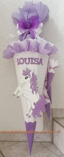 Schultüten Bastelset Einhorn Pony weiß-lila-Glitter mit 3 kleinen Tüten zum Anhängen MaterialType Schultütenzuschnitt 400g Karton