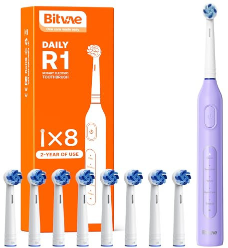 Elektrische Zahnbürste für Erwachsene und Kinder, Rotierend Zahnbürste mit 8 Bürstenköpfen, 60 Tage Batterielebensdauer, 5 Modi, Lila, Daliy Toothbrush
