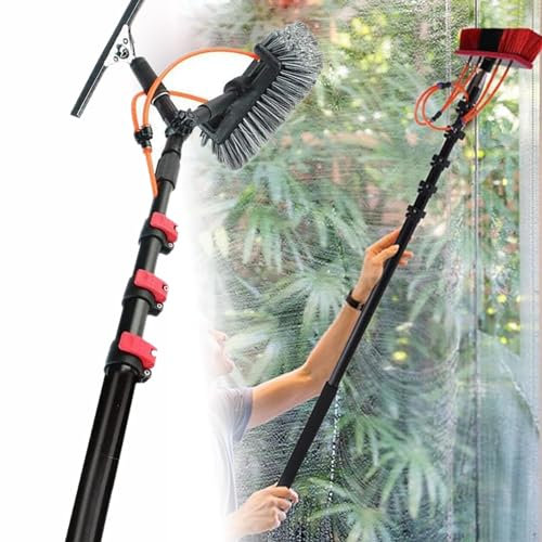 ROGHA 2-in-1 Teleskopstange mit 5-Flächen-Bürste und Fensterwischer– Fensterputzer längenverstellbar – Fensterreiniger für Sonnenkollektoren - Interner Wasserschlauch,20FT/6M