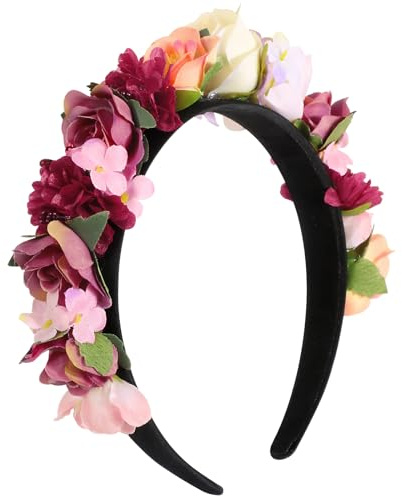 BOOMTOP Haarreif Blumen Dirndl Rosen Haarband Trachten Haarschmuck Blumen Haarkranz Stirnband Damen Mädchen Kopfband mit Gemischten Blüten für Hochzeit Karneval Mottoparty Rot Rosa Beige