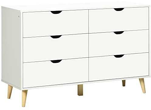 HOMCOM Cassettiera Camera da Letto 6 Cassetti, Comò Moderna con Maniglie Intagliate e Gambe a Colonna, Mobiletto per Soggiorno, Cameretta e Corridoio in Legno, 120x40x76 cm, Bianco